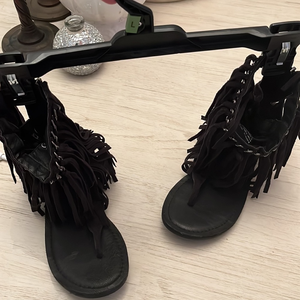 Not Rated black suede moccasin, open toe sandals, size 7 1/2